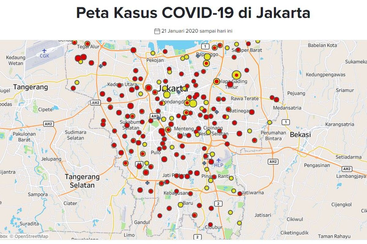 Peta kasus Covid-19 di Jakarta. Titik merah menandakank kasus positif corona, sementara titik kuning merupakan sebaran suspect kasus corona. Hampir seluruh kelurahan di Jakarta terinfeksi virus ini.