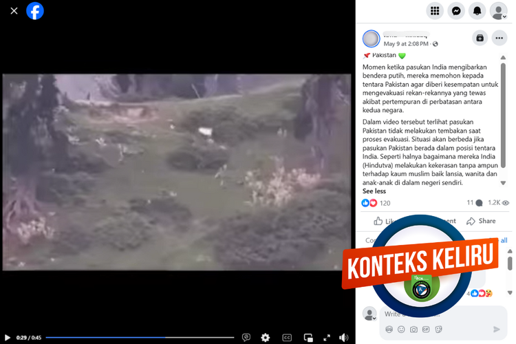 Tangkapan layar konten dengan konteks keliru di sebuah akun Facebook, Jumat (9/5/2025), yang menyebut pasukan India mengibarkan bendera putih.
