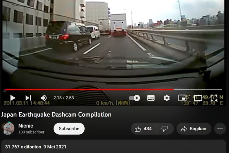 Tangkapan layar video YouTube kompilasi rekaman dash cam gempa Jepang