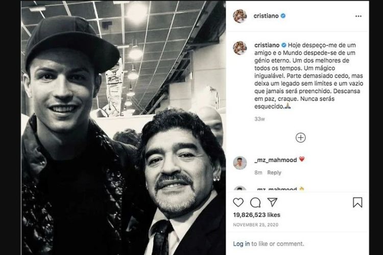 Foto Cristiano Ronaldo bersama mendiang Diego Armando Maradona, November 2020. 