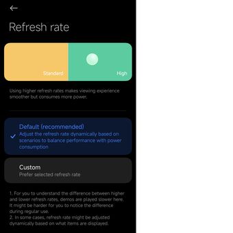 Opsi refresh rate layar di menu settings Android 