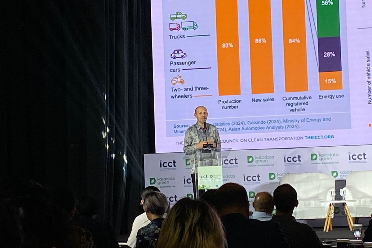 Managing Director ICCT, Ray Minjares, menjelaskan soal potensi peralihan ke kendaraan listrik, di Jakarta Pusat, Rabu (12/2/2025). 