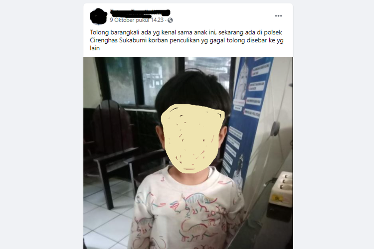 Tangkapan layar informasi mengenai adanya foto seorang anak yang disebut korban penculikan beredar di media sosial pada Senin (4/10/2021).