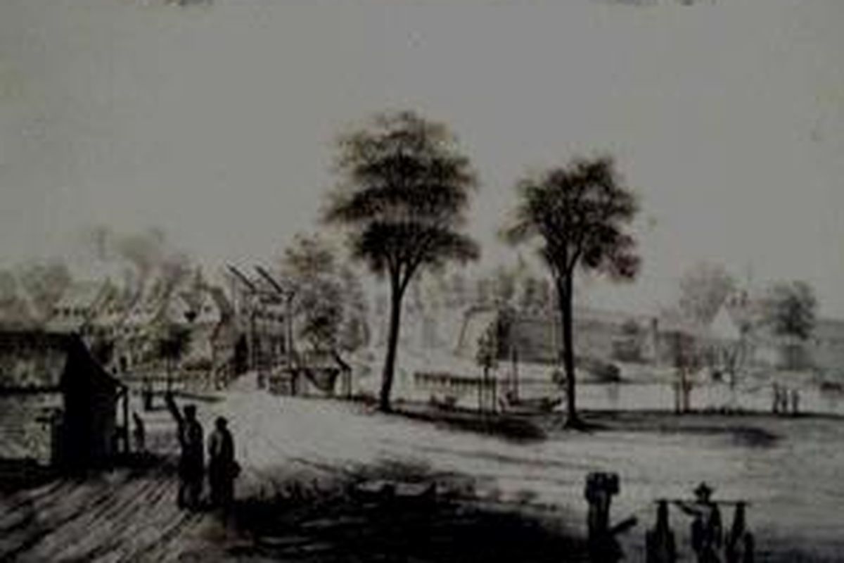 Johannes Rach melukis Jembatan Jassen, penyulingan arak, dan perajin rumahan lainnya di aliran cabang Sungai Ciliwung.