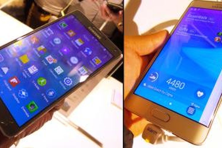 Telepon tablet Samsung Galaxy Note 4 (kiri) dan Galaxy Note Edge diperkenalkan dalam acara Samsung Unpacked 2014, Rabu (3/9/2014), sebelum pembukaan pameran IFA di Berlin pada 5 September 2014.
