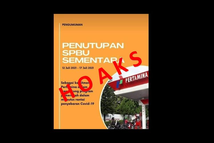 Hoaks, informasi yang menyebutkan SPBU tutup pada hari ini hingga 17 Juli 2021.