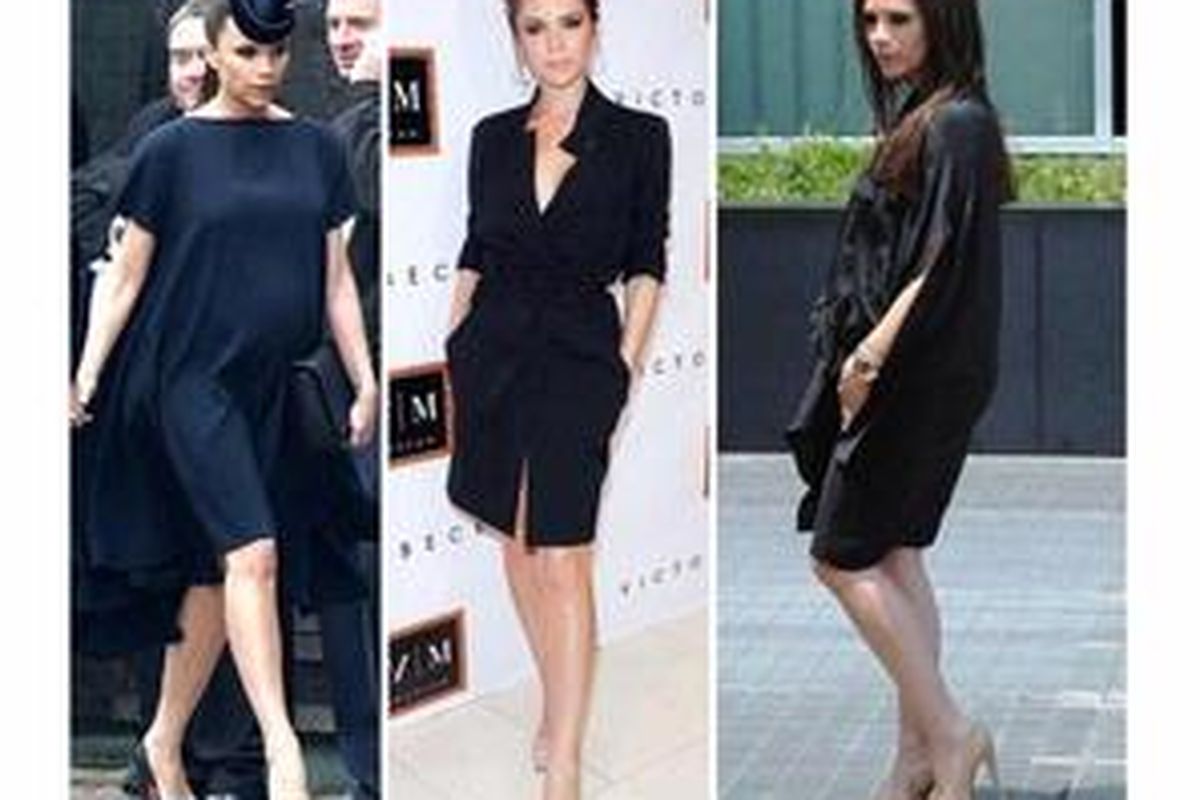 Victoria Beckham bertekad meraih kembali tubuh langsingnya, seperti pada gambar di tengah.