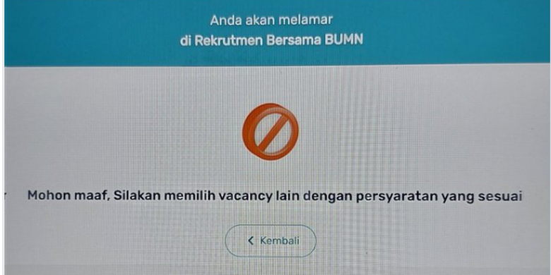 muncul keterangan silakan memilih vacancy lain saat melamar BUMN