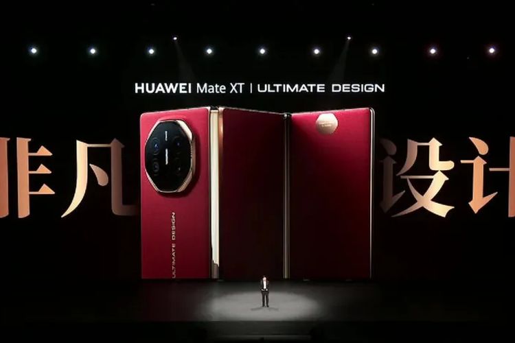 Ilustrasi ponsel layar lipat tiga Huawei Mate XT.