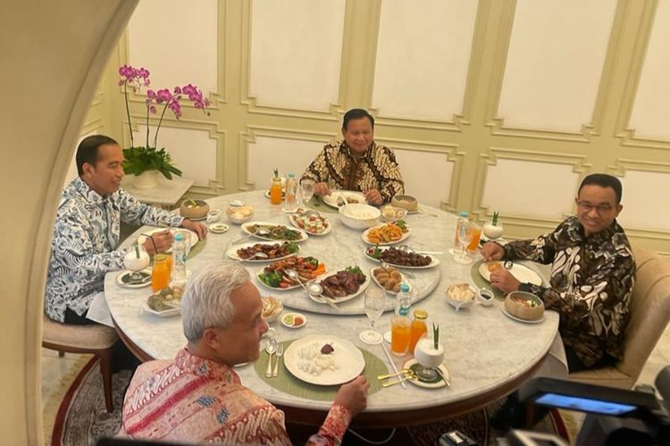 Suasana makan siang Presiden Joko Widodo bersama bakal capres Prabowo Subianto, Ganjar Pranowo dan Anies Baswedan di Istana Merdeka, Jakarta, Senin (30/10/2023).