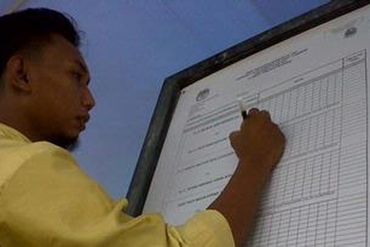 Petugas TPS 10 Desa Cipakat, Singaparna, Tasikmalaya, tengah mencatat penghitungan suara, Minggu (24/2/2013) siang. 