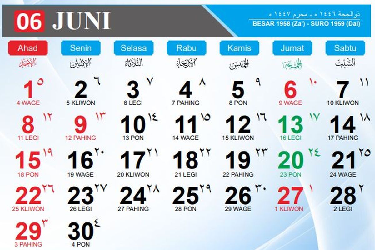 Kalender Juni 2025. Simak Kalender Jawa bulan Juni 2025 lengkap dengan weton dan penanggalan Hijriah.Ada perayaan 1 Suro 2025.