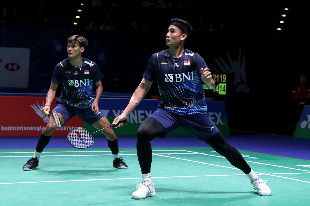 Ganda putra Indonesia, Muhammad Shohibul Fikri/Bagas Maulana, saat bertanding pada babak 16 besar All England 2023 di Utilita Arena Birmingham, Kamis (16/3/2023). Terkini, Fikri/Bagas tengah berjuang di Spain Masters 2023.