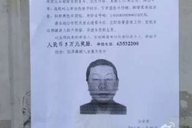 Selebaran bergambar Jin Zhongqi, seorang aktivis hak asasi manusia di China yang ditemukan tewas, Senin (4/7/2016), saat dia menjadi buronan.