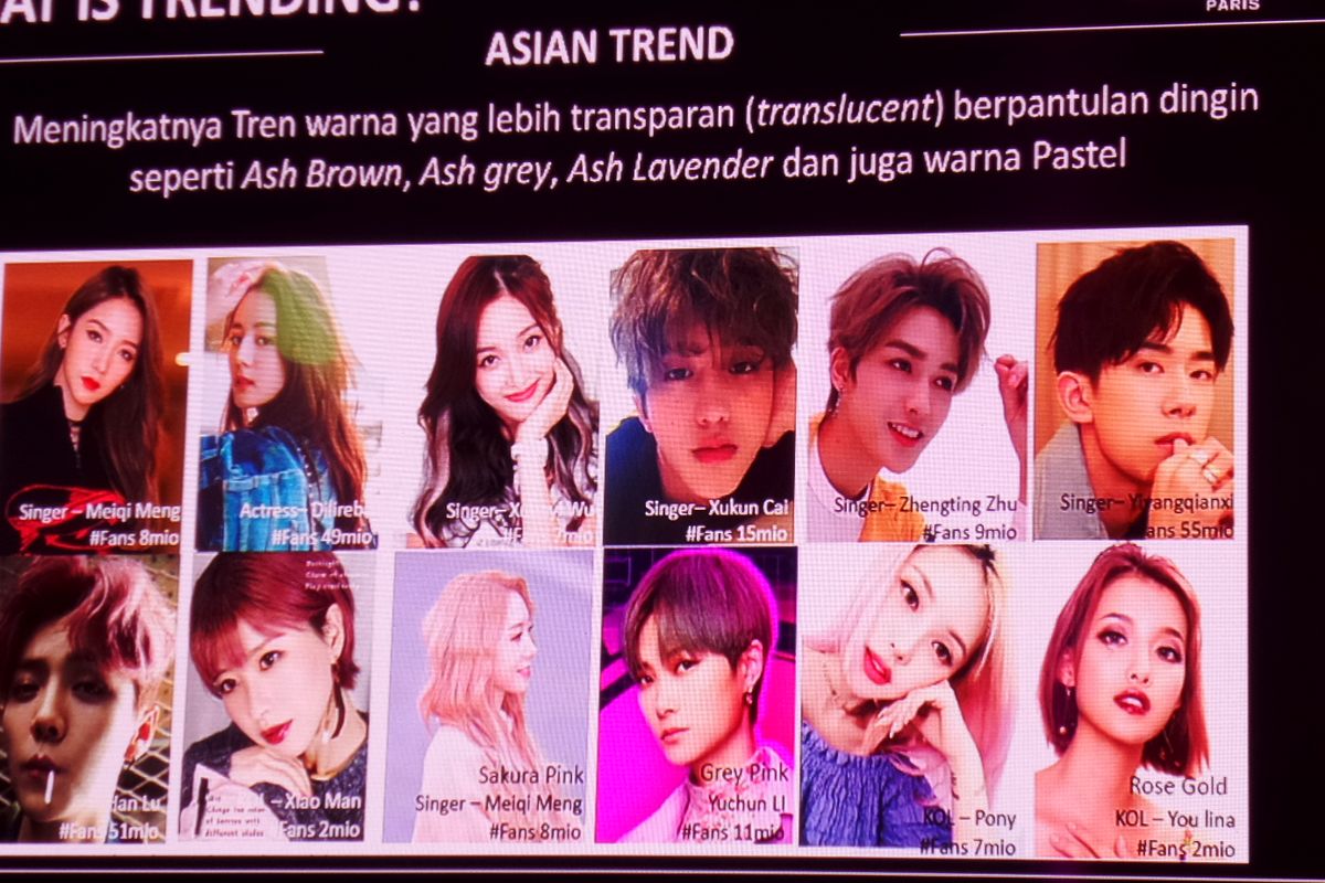 Beberapa tren warna rambut Asia mencakup warna-warna yang lebib transparan dengan nuansa dingin, seperti ash brown, ash grey, ash lavender, dan warna pastel.