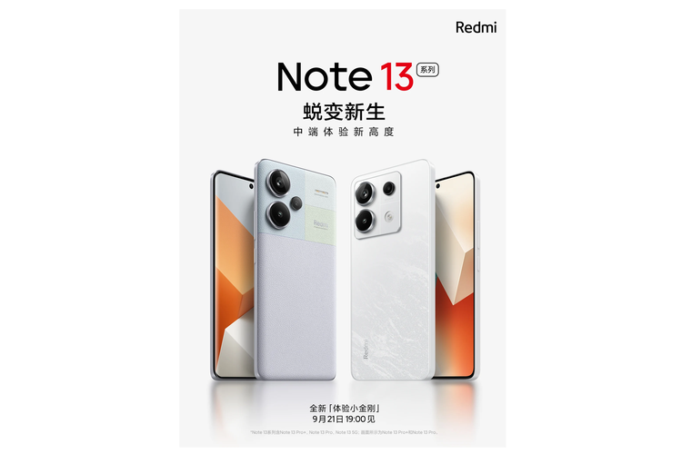 Poster peluncuran Redmi Note 13 series menampilkan smartphone Redmi Note 13 Pro Plus (kiri) dan Redmi Note 13 Pro (kanan) 