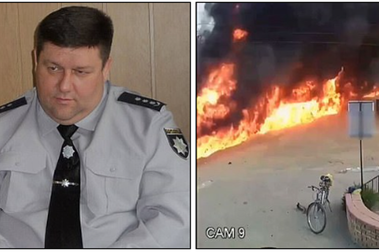 Video CCTV (kanan) pada Kamis (11/8/2022) yang baru dirilis menunjukkan mobil Askyar Laishev (kiri), pejabat yang dipasang Kremlin, meledak di Jalan Shevchenko Kharkiv yang jatuh di bawah kendali Rusia pada awal Juli.