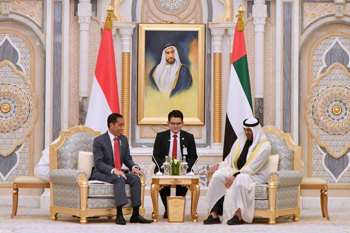 President Joko Widodo (left) holds a bilateral meeting with Sheikh Mohammed bin Zayed Al Nahyan (right), crown prince of Abu Dhabi and deputy supreme commander of the UAE Armed Forces in Qasr Al Watan in Abu Dhabi on January 12, 2020. 