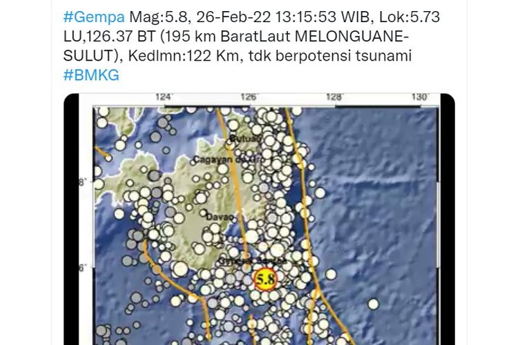 Tangkapan layar Twitter @InfoBMKG Gempa Kepulauan Talaud. Gempa terkini hari ini, Sabtu (26/2/2022), gempa bumi tektonik mengguncang Kepulauan Talaud berkekuatan M 5,8.