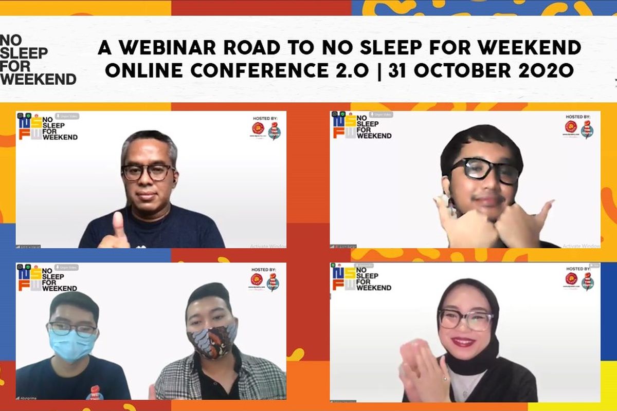 Potret empat narasumber dalam pre=event A Webinar Road to No Sleep For Weekend (NSFW) Online Conference 2.0 pada Sabtu (31/10/2020). 