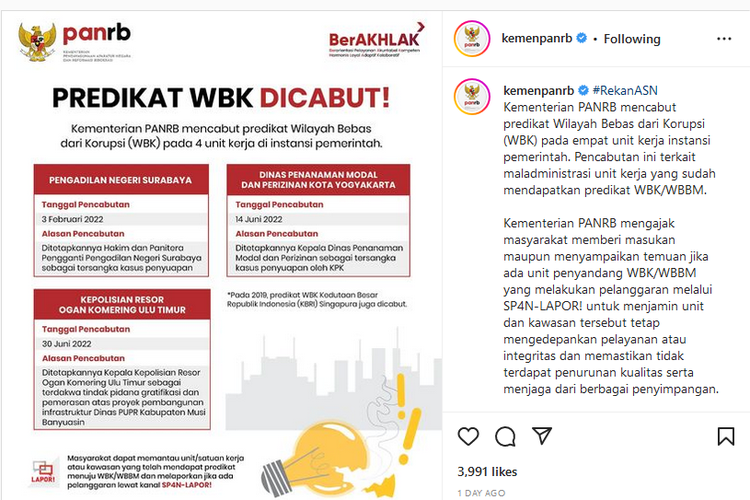 kemenpanrb cabut predikat wbk 4 unit instansi pemerintah