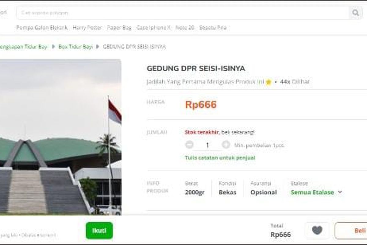 Seller Tokopedia yang menjual Gedung DPR. (Tangkapan dari Twitter)