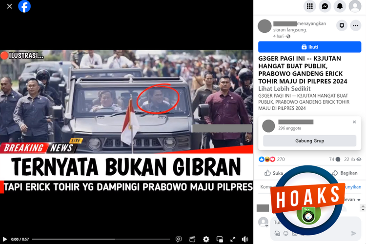 Tangkapan layar unggahan dengan narasi hoaks di sebuah akun Facebook, 9 November 2023, yang menyebut Erick Thohir menjadi cawapres Prabowo.