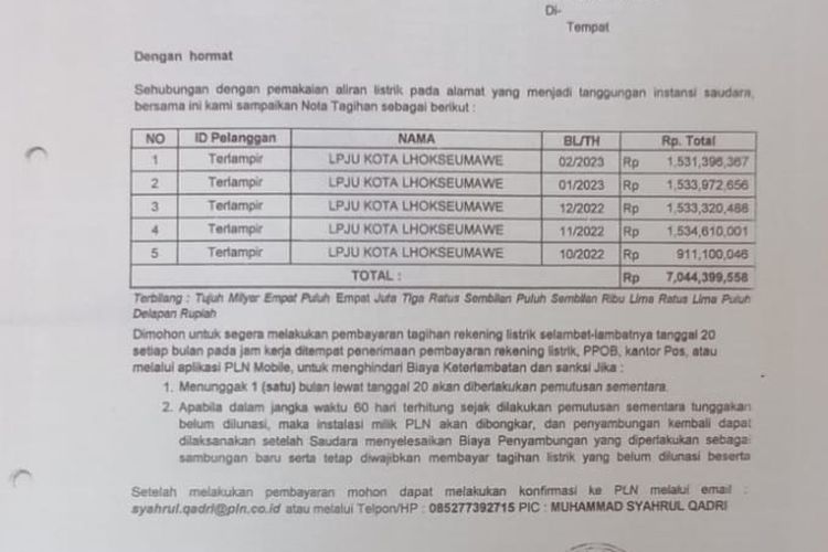 Daftar tunggakan listrik jalan di wilayah Pemerintah Kota Lhokseumawe, Provinsi Aceh