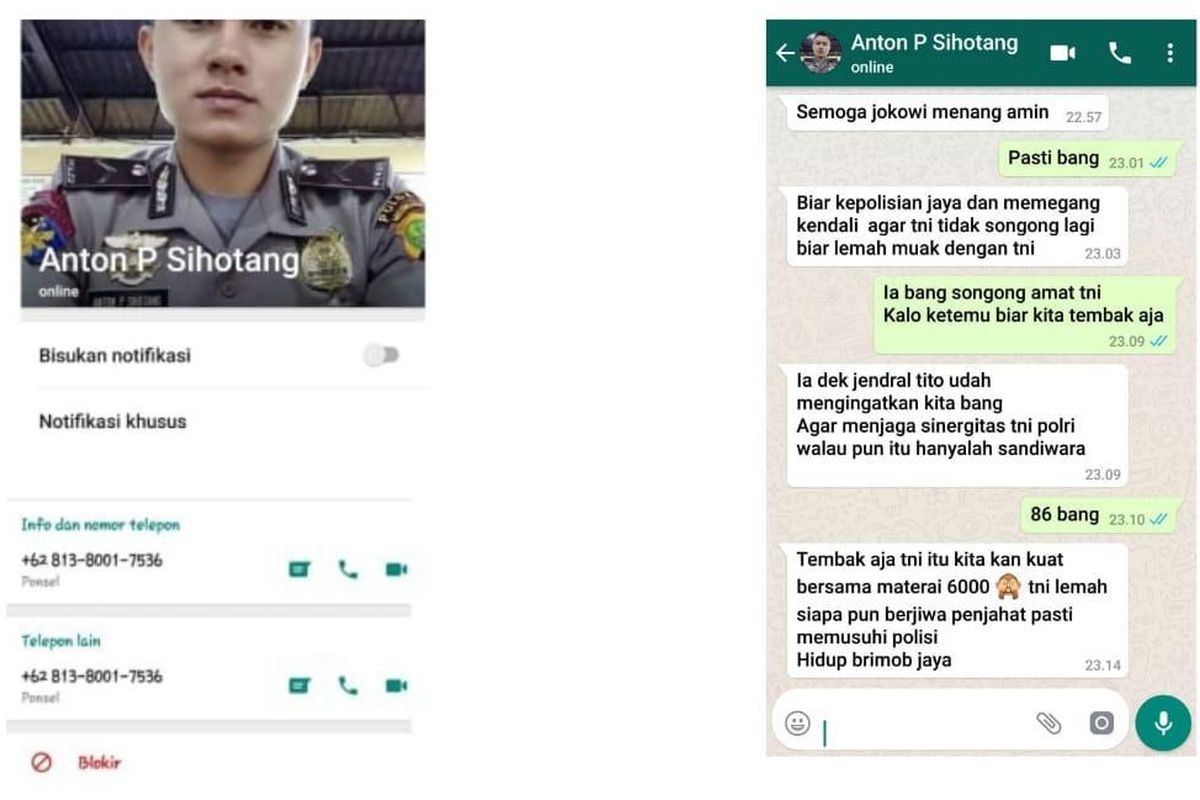  Pesan yang beredar di sosial media dalam bentuk tangkapan layar percakapan aplikasi WhatsAp yang berisi konten adu domba TNI-Polri. 