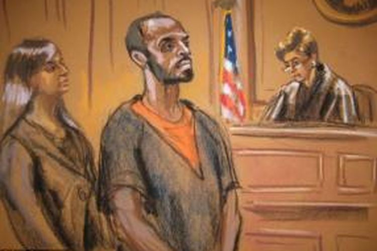 Lukisan ini menampilkan Ahmed Warsame (27) saat menjani sidang di New York, AS. Kini, Warsame menjadia salah seorang informan yang memasok data intelijen terkait kelompok Al-Qaeda Semenanjung Arab (AQAP) dan Al-Shabab.