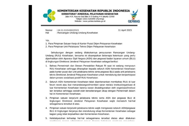 Beredar surat dari Direktorat Jenderal Layanan Kesehatan Kemenkes yang melarang ASN Kemenkes berbicara RUU Kesehatan di luar forum resmi