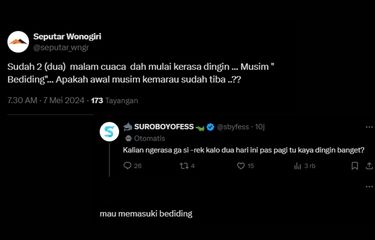 Tangkapan layar unggahan warganet yang menyebut terjadi fenomena dingin saat musim kemarau 2024 di Indonesia.