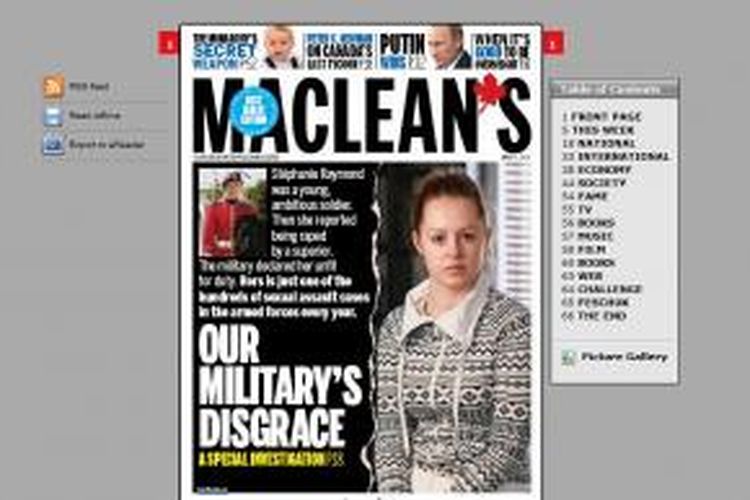 Maclean's Magazine edisi April-Mei 2014 yang mengangkat tulisan investigasi soal pelecehan seksual di tubuh militer Kanada.