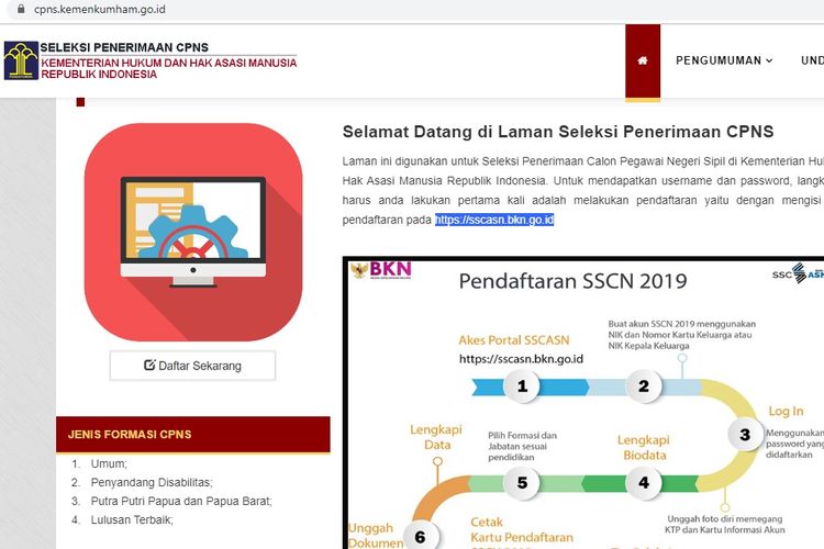 Tangkapan layar di website Kemenkumham soal CPNS 2019