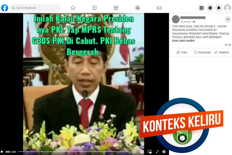 Tangkapan layar unggahan di sebuah akun Facebook, 20 Januari 2023, soal keterangan pers pencabutan TAP MPRS Nomor 33 Tahun 1967 oleh Jokowi, yang dipahami dengan konteks yang keliru.