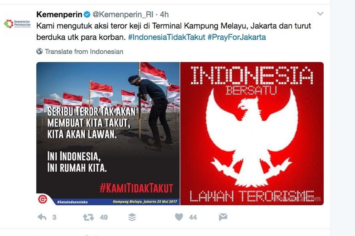 Twit dari Kemenperin terkait ledakan bom di Kampung Melayu.