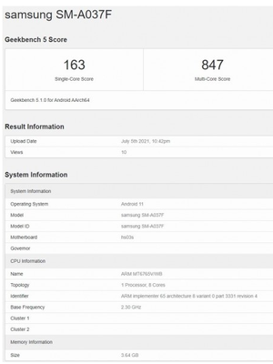 Tangkapan layar database Geekbench yang menampilkan spesifikasi Galaxy A03s.