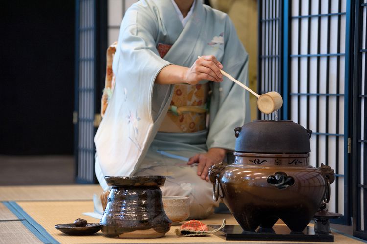 Ilustrasi upacara minum teh di Jepang atau Chanoyu.