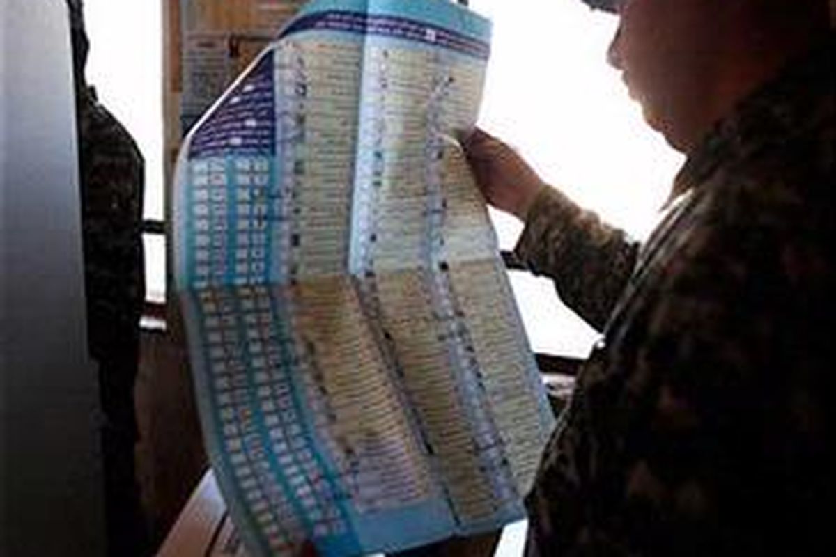 Seorang personil pasukan keamanan Irak mengamati surat suara yang kosong sebelum menyampaikan suaranya dalam pemilu di Baghdad, 28 Januari 2009