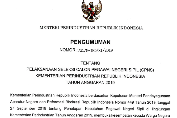 Kemenperin resmi umumkan pembukaan seleksi calon pegawai negeri sipil (CPNS) 2019.