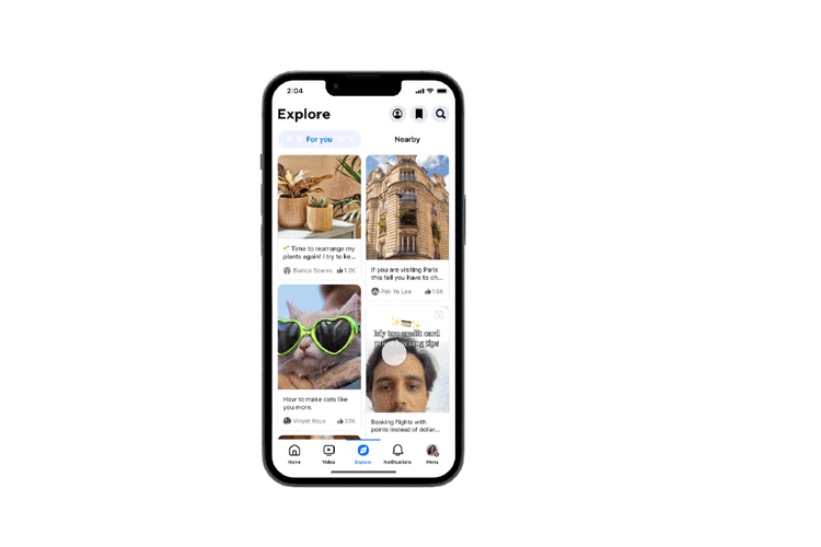 Halaman Explore di Facebook akan dibagi menjadi dua sub-menu, yaitu For You dan Nearby. Menu For You menampilkan konten yang menarik, sedangkan Nearby menampilkan konten lokal di sekitar pengguna. Tampilan ini mirip seperti Pinterest dan Lemon8.