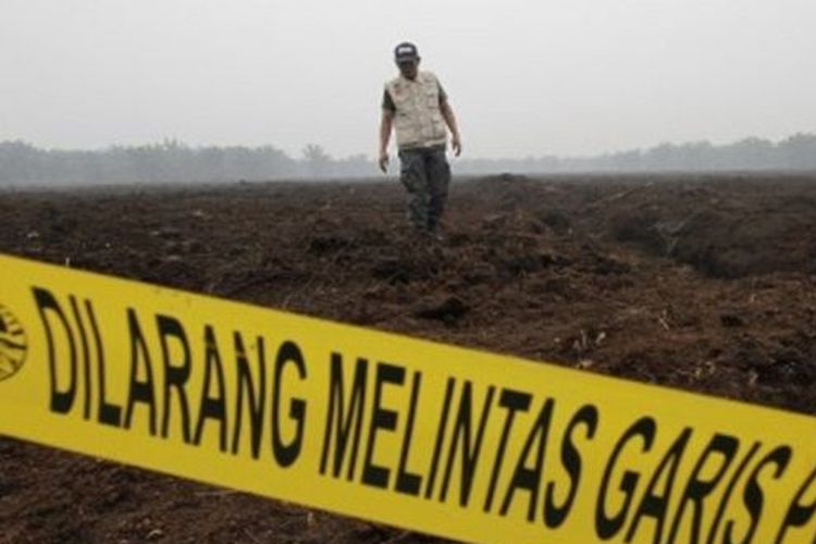 Petugas Ditjen Penegakan Hukum Kementerian Lingkungan Hidup dan Kehutanan (KLHK) berjalan usai menyegel lahan perusahaan asal Malaysia PT Adei Plantation and Industry di Kabupaten Pelalawan, Riau, Jumat (13/9/2019). 