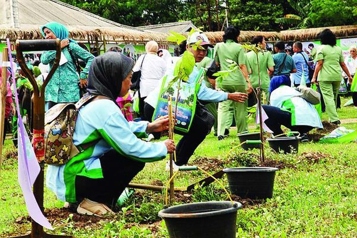 Sejumlah  aktivis  menanam pohon di Situ Cipule, Desa Mulyasari, Kecamatan Ciampel, Kabupaten Karawang, Jawa Barat, Jumat (2/12). Keberadaan pohon di sekeliling permukiman untuk mengurangi kerusakan akibat angin kencang.