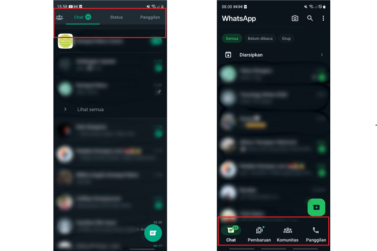 Ilustrasi perubahan tampilan WhatsApp di Android. Tampilan WhatsApp versi sebelumnya dengan bar menu berada di atas (kanan) dan tampilan baru dengan bar menu di bawah (kiri).