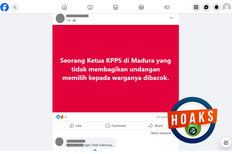 Tangkapan layar konten hoaks di sebuah akun Facebook, Rabu (14/2/2024), soal salah satu ketua KPPS di Madura dibacok warga.
