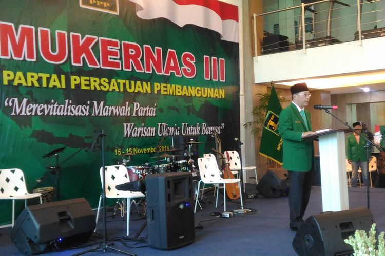 Ketua Umum PPP Humphrey Djemat saat memberikan pidato saat Mukernas di DPP PPP, Jakarta, Kamis (15/11/2018). 