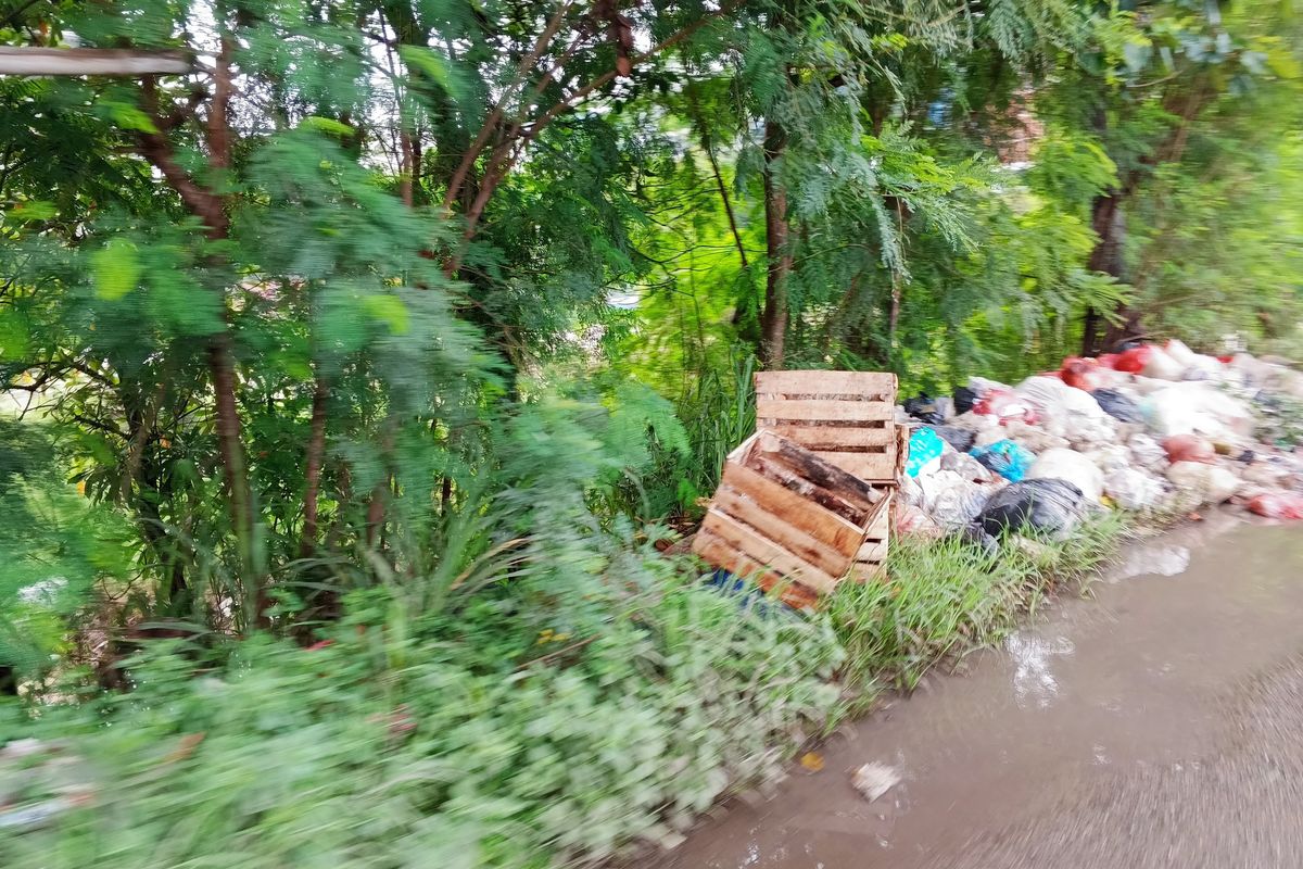 Bau tercium saat melewati tumpukan sampah pada pinggir jalan di tepi banjir kanal timur (BKT) sekitar fasilitas RDF Rorotan, Jakarta Timur, pada Minggu (15/2/2026).