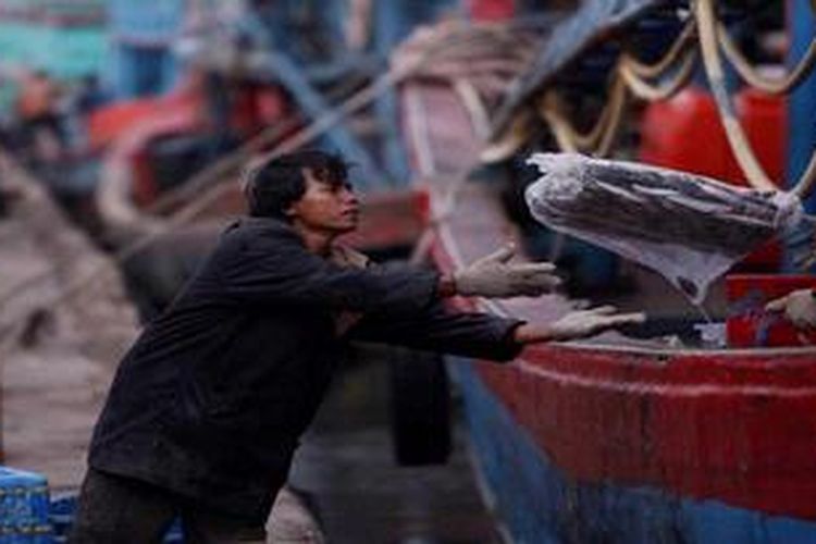 Anak buah kapal membongkar muatan ikan beku dari kapal di Pelabuhan Muara Angke, Jakarta, Jumat (11/1/2013). Kementerian Kelautan dan Perikanan merilis produksi perikanan tangkap tahun 2012 sebanyak 5,81 juta ton setara dengan Rp. 73,01 triliun atau naik 7,3 persen dibandingkan dengan realisasi tahun 2011 sebesar 5,41 juta ton.
