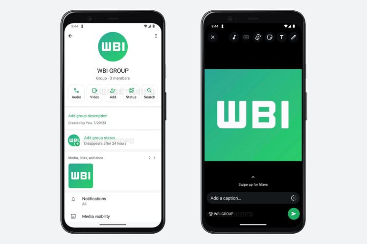 Tampilan fitur Status updates in group chats di WhatsApp. Fitur ini memungkinkan anggota grup untuk membuat dan membagikan status langsung di halaman menu informasi grup (group chats info) WA.