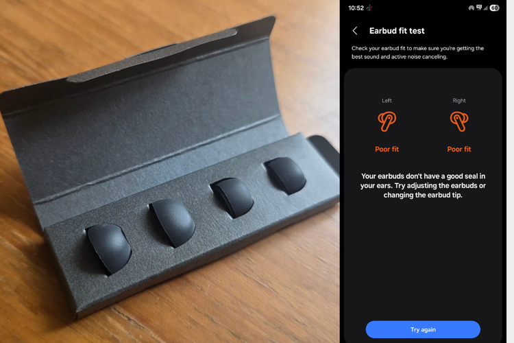 Samsung menyediakan beberapa ukuran eartip silikon untuk menyesuaikan kenyamanan pengguna, serta fitur earbud fit test di aplikasi untuk memastikan posisi yang optimal.